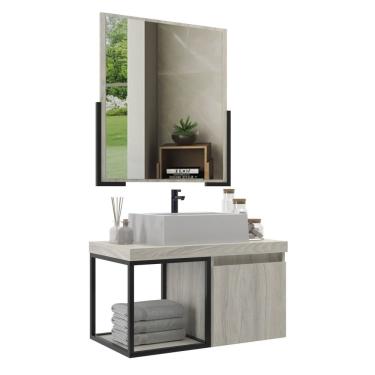 Imagem de Conjunto Balcão Para Banheiro Com Espelheira Miami 80 Carvalho