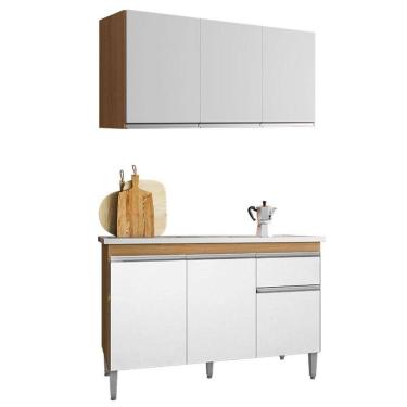 Imagem de Balcão de Pia Tatiane 120cm e Armário Aéreo Andréia 3 Portas Amêndoa Branco - AJL