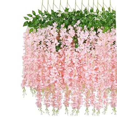 Imagem de OUKEYI Guirlanda De 12 Flores Artificiais Glicínia, 1,1 M Altura, Videira Falsa Seda Para Decoração Festas Casamento, Natal E Jardim Interno Externo (Rosa)