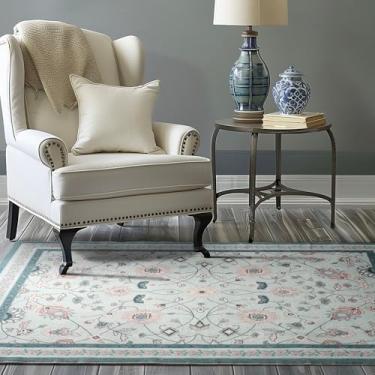 Imagem de EVERGRACE Tapetes Para Sala De Estar 4X6, Lã Sintética Com Estampa Floral Boho Áreas Internas E Externas, Entrada Lavável Quarto Jantar, Tapete Pelo Baixo Decoração Casa, Azul-Claro