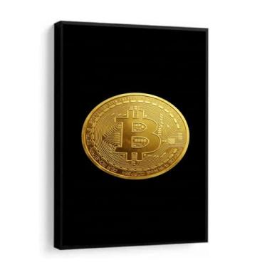Imagem de Quadro Decorativo Bitcoin Moeda Dourada Riqueza motivacional luxo para quarto setup com Moldura (Moldura Preta, 60x80, Com Vidro)