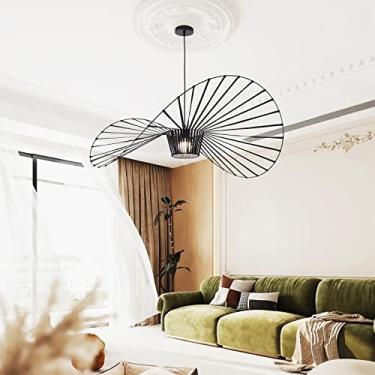 Imagem de KELUOLY Lustre Preto Vintage, Luminária Pendente Criativa Em Formato De Chapéu Palha D39, Tecido Elástico + Fibra Vidro, Lustres Modernos Tecido, Adequado Para Sala Estar, Quarto, Jantar E Escritóri