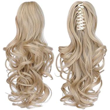 Imagem de ShulaSHOP Extensão De Rabo Cavalo Loiro, Extensões Cabelo 14" Com Garra, Curta E Cacheada, Peruca Sintética Aparência Natural Para Mulheres, Leve