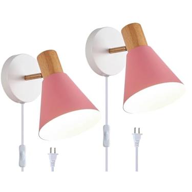 Imagem de Vechoicy Luminária De Parede Com Encaixe, Pacote 2 Unidades, Abajur Cabeceira Ajustável Madeira Rosa Para Quarto Industrial, Pia Banheiro (Plug-In Rosa)