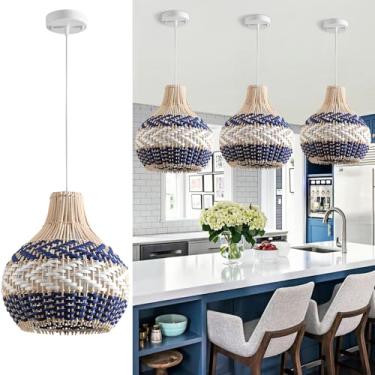 Imagem de Teru Ji Kaikang Pacote Com 3 Luminárias Pendentes De Vime, 10,24" Azul E Branco, Cesta Tecida À Mão, Lustre Estilo Boho, Mini Luminária Suspensa Vime Para Sala Jantar, Estar, Quarto, Cozinha, Fazend