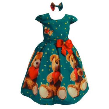 Imagem de Vestido Juvenil Infantil Menina Casual Estampado Urso E Flores - Lele 