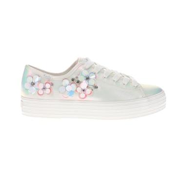Imagem de Keds Tênis feminino casual de lona bordado margarida com cadarço - azul, Couro branco neve/iridescente, 38