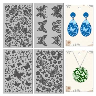 Imagem de CHGCRAFT 4 folhas de borboletas com textura de argila, padrão de flores, folhas de textura de argila de polímero, ferramentas DIY para brincos de cerâmica, máquinas de gravação de carimbos, 10 x 6,6