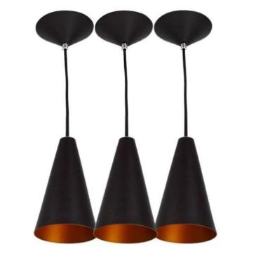 Imagem de 3 Pendentes Cone Preto Com Cobre Decoração