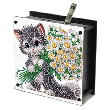 Imagem de TDFERAN Pintura de diamantes, caixas de dinheiro, 14 x 14 cm, caixa de moeda, gato, diamante, cofrinho digital, banco de dinheiro prático, kits de arte de diamante para adultos, lindos cofrinhos