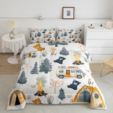 Imagem de Homewish Jogo de cama casal com tema de acampamento, barraca de urso, fogueira, decoração de quarto de crianças, meninas, meninos, 3 peças, conjunto de edredom desenhado à mão, 2 fronhas
