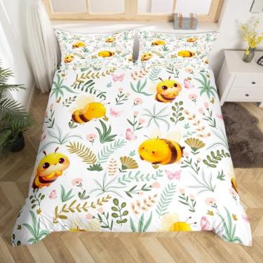 Imagem de Conjunto de capa de edredom de abelha fofa, tamanho casal, desenho de abelha amarela, kawaii, animal, com 2 fronhas, boêmio, folhas naturais, planta, floral, respirável, colcha para meninos e