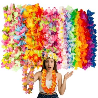 Imagem de 24 peças Leis para festa Luau, decoração havaiana Leis a granel colar de flores de seda, flores tropicais Lei havaiana praia Havaí Luau decoração de festa verão praia piscina decorações lembrancinhas