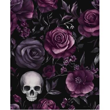 Imagem de VOLEAAR Papel de parede de caveira descasque e cole papéis de parede góticos, papel de contato autoadesivo floral roxo escuro vintage para quarto, sala de estar, porta, papel de parede removível de