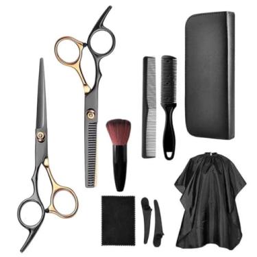Imagem de Kit Profissional para Barbeiro, 9 Peças, Tesoura de Corte em Aço Inoxidável, Pente, Capa, Acessórios, Preto e Dourado