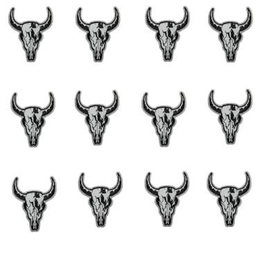 Imagem de Emblema de caveira de touro bordado caubói ocidental aplique bordado cabeça de boi remendo bordado para roupas mochila bolsa camiseta chapéu coletes jaquetas pacote com 12 (preto)