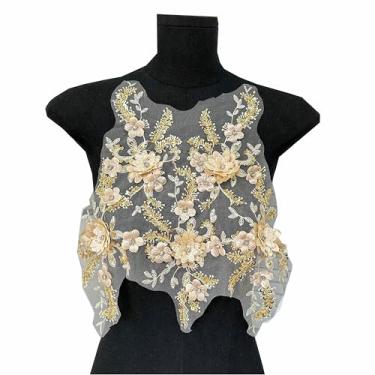 Imagem de Aplique de renda floral 3D, painel de corpete de malha bordada com remendos de flores com contas, costurado, faça você mesmo, roupas de casamento, vestido de noiva, bolsa de artesanato (amarelo)