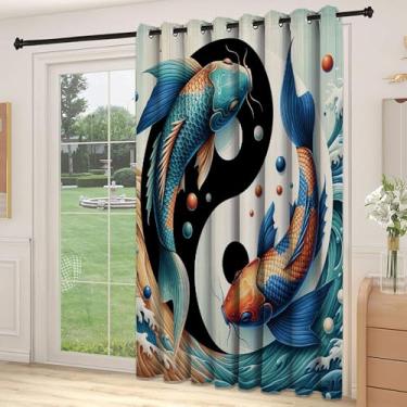 Imagem de Divisória de parede de cortina de sala de peixe, símbolo Koi on Yin Yang com arte marinha de bolinhas divertidas e ondas do oceano, adequada para cortinas térmicas de sala de estar de porta de vidro