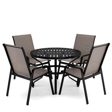 Imagem de Mesa 4 Cadeiras Ripado Piscina Alumínio Preto E Tela Fendi