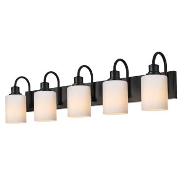 Imagem de VINLUZ Luminárias De Banheiro Pretas Foscas, Penteadeira Industrial Metal Com 5 Luzes E Cúpula Vidro Branco Opala, Arandelas Parede Para Corredor