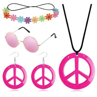 Imagem de Conjunto de brincos e colar de sinal de paz para mulheres, acessórios de fantasia hippie, roupas dos anos 70, roupas para mulheres, joias hippie para decorações de festa dos anos 60 e 70, Metal, Sem