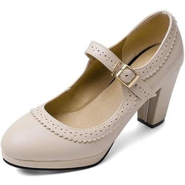 Imagem de Sapatos Oxford Mary Jane Oxford Com Bico Redondo Perfurado Salto Médio Oxfords Sapatos De Vestido Plataforma Retrô Rockabilly Com Tira No Tornozelo, Beige, 6 UK