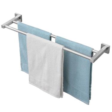 Imagem de Toalheiro duplo, toalheiro duplo de 61 cm para banheiro montado na parede, suporte de toalha de banheiro resistente, haste de toalha de banho moderna de aço inoxidável, níquel escovado