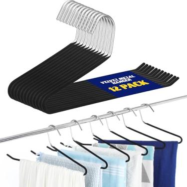 Imagem de Cabide de metal de veludo Threehoney com 12 peças, antiderrapante, resistente, 33,5 cm, cabides abertos, armário para economizar espaço, conjunto de cabides para calças, cobertores e jeans, cachecol