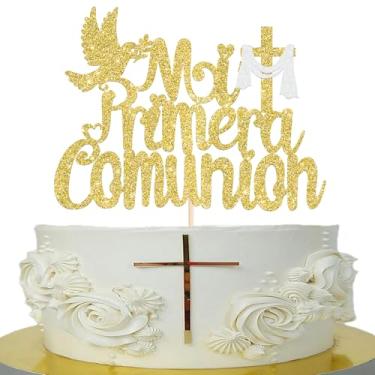 Imagem de 1 pacote Mi Primera Comunión topo de bolo glitter primeira comunhão palitos de bolo Deus abençoe esta criança chá de bebê casamento batismo festa cupcake decorações ouro