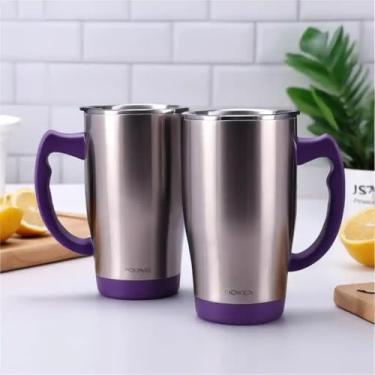Imagem de Caneca Térmica Parede Dupla em Aço Inox Roxa 350ml com Canudo - Estilo Premium
