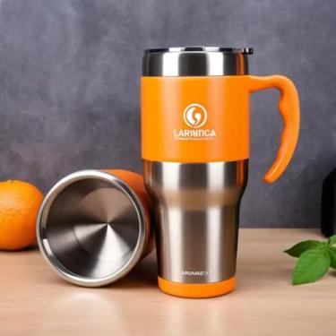 Imagem de Caneca Térmica Parede Dupla em Aço Inox Laranja 800ml com Tampa Hermética - Estilo Com Logo