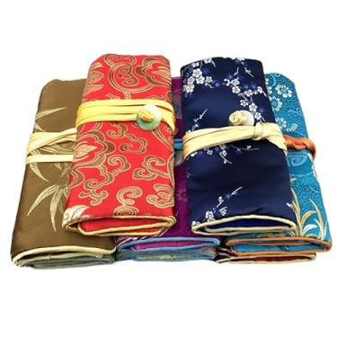 Imagem de Only My Live Home Bolsa dobrável de joias jacquard de luxo portátil de viagem chinesa brocado de seda bolsa de armazenamento de joias bolsa com cordão 3 bolsos com zíper (5, cores mistas)