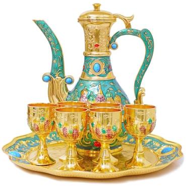 Imagem de Conjunto de bule de chá turco vintage, bule de chá e xícara de artesanato, incluindo bandeja e 6 xícaras de metal, conjunto de serviço de chá para decoração de mesa de chá, enfeite de casamento (verde