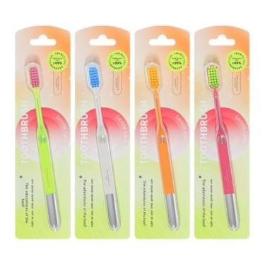 Imagem de Escova de Dentes com Cabo Triangular Ergonômico, Base Eletrogalvanizada, Cerdas Macias, Vermelho e Amarelo