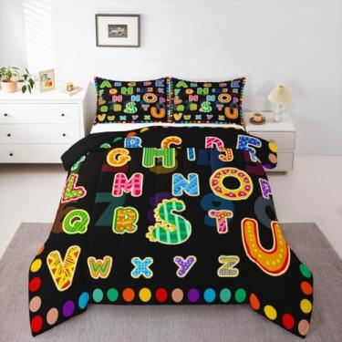 Imagem de Feelyou Conjunto de edredom colorido com alfabeto para crianças, meninos, meninas, solteiro, educacional, alfabeto ABC, colcha de edredom de aprendizagem precoce, edredom com monograma, decoração de