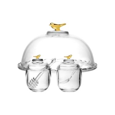 Imagem de Conjunto de Cristal Vidro Com Tampa Porta Queijos Frios Meleira Açucareiro Bird Gold