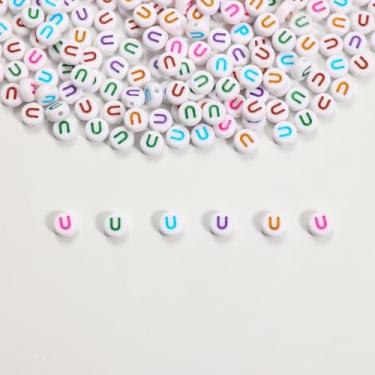 Imagem de 300 contas de letras, 4 x 7 mm contas acrílicas da letra U do alfabeto para joias e fabricação de pulseiras (branco e colorido)