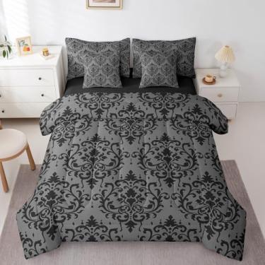 Imagem de Erosebridal Jogo de cama queen damasco, floral elegante antigo, boêmio exótico (edredom + lençol de cima + 2 fronhas + 2 fronhas + 2 fronhas), conjunto de cama com 7 peças, preto e cinza