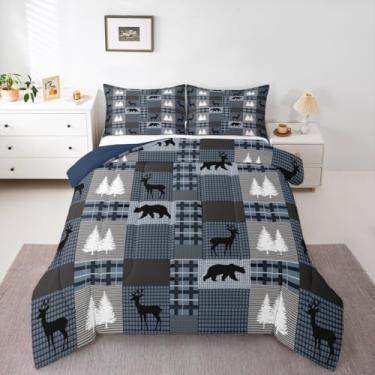 Imagem de Feelyou Jogo de cama queen com estampa de veado, urso, rústica, para meninos, meninas, adolescentes, rústica, camponesa, respirável, macio, leve, microfibra, búfalo, decoração de quarto