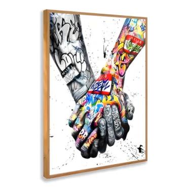 Imagem de Quadro Decorativo Mãos Dadas Grafite Estilo Street Art Amor Amizade União Arte Colorida Urbana Criativa Com Moldura