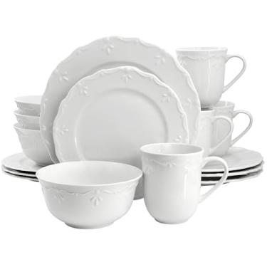 Imagem de Elama Henryi Conjunto de louça branca de porcelana com detalhe de aro em relevo, 16 peças, utensílios de mesa (16 peças)