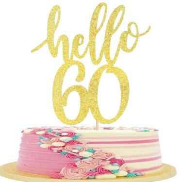 Imagem de Rsstarxi Pacote com 3 Hello 60 Topper Bolo Dourado Espelhado Acrílico Palheta de Bolo Cheers para 60 Anos Decorações de Bolo para Feliz Aniversário de 60 Anos Celebrações Festa Decoração de Bolo