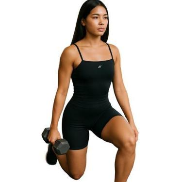 Imagem de Macaquinho Fitness em Poliamida Decote Reto, Zero Transparência, Tecno