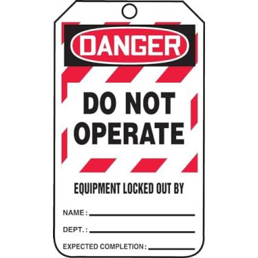Imagem de Accuform Placa de bloqueio MLT409CTP, Legend"DANGER DO NOT OPERATE EQUIPMENT LOCKED OUT PY", 14,6 cm de comprimento x 8,25 cm de largura x 0,01 cm de espessura, PF-Cardstock, vermelho/preto sobre branco (pacote com 25)