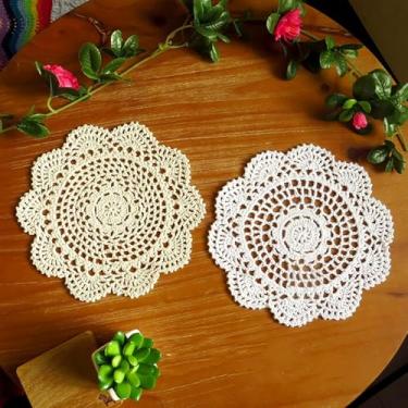 Imagem de golo Toalha de mesa de renda de crochê feita à mão de algodão bege, sobreposição, redonda, 8 polegadas, 20 cm