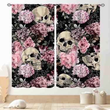 Imagem de Cortinas góticas, Boho Preto Rosa Floral Assustador Moody Bruxa Gótica Peônia Rosa Flor Misteriosa Caveira Esqueleto Trippy Estética Blackout Cortina de Janela para Quarto Sala de Estar Banheiro