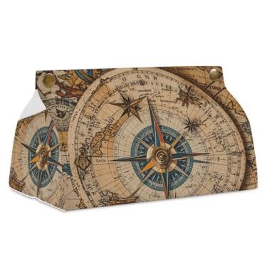 Imagem de Bússola e mapa do velho mundo grande caixa de lenços retangular – Suporte de caixa de lenços de tamanho grande com caixa de lenços decorativa inferior para penteadeira, vaso sanitário, cômoda, mesa