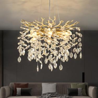 Imagem de EGM Lustre De Cristal De Galho De Árvore Dourado, Luminárias De Teto De Cristal Modernas Em Formato De Gota De Chuva, 6 Luzes (E12), Lustres Redondos Dourados Pendurados Para Sala De Jantar, Sala De