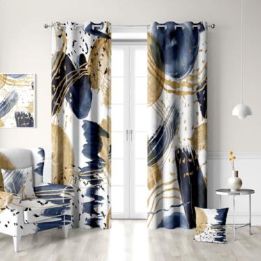 Imagem de Cortina blackout dourada azul abstrata, boêmia, estética moderna, cortinas de janela, sala de estar, quarto, cortina térmica, escurecimento, ilhós, cortinas de janela, tratamentos, 2 painéis 132 x 213
