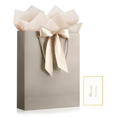 Imagem de JMANNI Saco de presente, 1 bolsa de presente grande com fita e 1 cartão de felicitações, 2 lenços de papel, bolsa de presente de papel portátil com alças, sacolas de presente de aniversário, sacolas